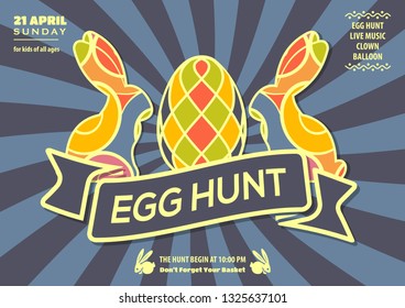 Easter Egg Hunt poster or invitation design with eggs and cute bunny.  Vector illustration.