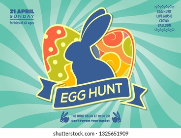 Easter Egg Hunt poster or invitation design with eggs and cute bunny.  Vector illustration.