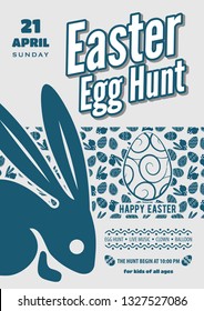 Easter Egg Hunt poster or invitation design with eggs and cute bunny.  Vector illustration.