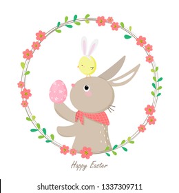 Easter egg hunt poster invitation template vector in pastel color. Cute rabbit holding colorful easter egg with little chick on head.