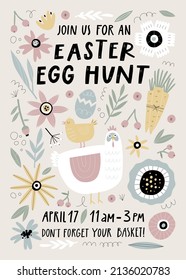Easter egg hunt poster or invitation template. Vector illustration