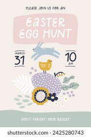 Easter egg hunt poster or invitation template. Vector illustration