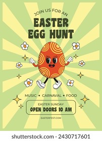 Easter egg hunt poster or invitation template in groovy hippie style. Trendy old cartoon 60s 70s 80s style. Vector illustration. 