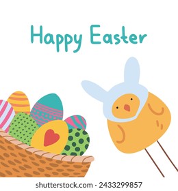 Easter egg hunt poster invitation template vector in pastel color. Cute Chicken creacking from egg shell wearing easter bunny ear.