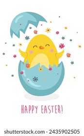 Easter egg hunt poster invitation template with Cute Chicken creacking from egg shell