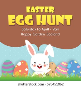 Easter egg hunt poster, invitation, leaflet template design. Easter eggs on the meadow with cartoon bunny and blue sky as background.