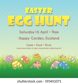 Easter egg hunt poster, invitation, leaflet template design. Easter eggs on the meadow with blue sky as background.