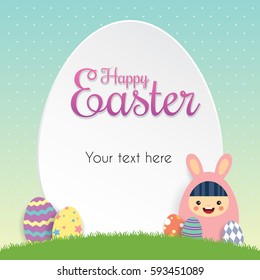 Easter egg hunt poster, invitation, leaflet template design. Easter eggs on the meadow with cartoon kid wearing bunny costume and blue sky as background.