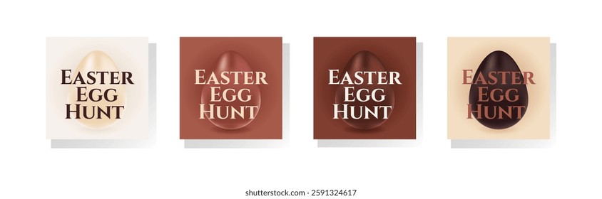 Easter egg hunt poster set with realistic chocolate egg. Greeting vector illustration. Design for banner, flyer, social media, brochure, presentation, invitation