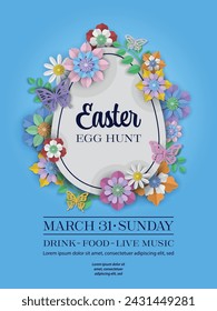 easter egg hunt poster with egg shaped label with paper flowers and butterflies