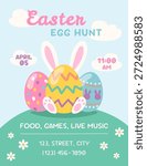 Easter egg hunt poster template with eggs and bunny hears. Vector illustration 