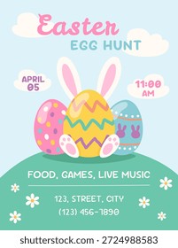 Easter egg hunt poster template with eggs and bunny hears. Vector illustration 