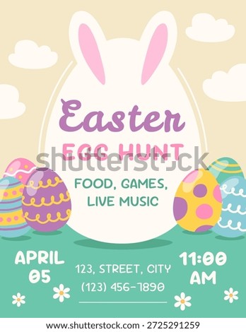 Easter egg hunt poster template with Easter eggs. Vector illustration 