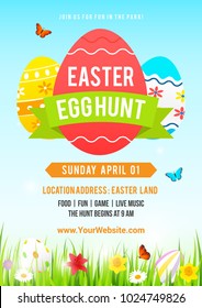 Easter Egg Hunt Poster Vector Illustration. Colorful Easter Egg With Spring Meadow.