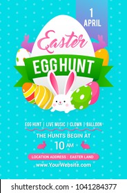 Easter egg hunt poster vector illustration. Colorful Easter eggs with cute bunny on blue polka dot pattern background