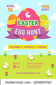 Easter Egg Hunt Poster Vector Illustration. Colorful Easter Egg With Rabbits In Spring Meadow. Flyer Design	