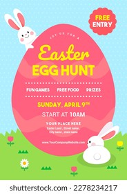 Easter egg hunt poster vector illustration. Easter egg with cute bunny on polka dot pattern background	