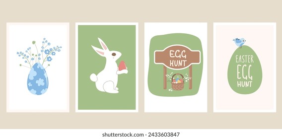 Easter egg hunt posters set templates. Rabbit with eggs basket and flowers vertical banners. Spring holiday greeting cards collection. Vector flat illustration.