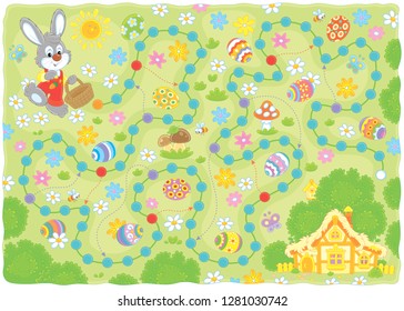 Easter egg hunt printable board game. Little Bunny with a small basket collecting colorfully painted eggs among flowers on the way home. Vector illustration in a cartoon style for kids