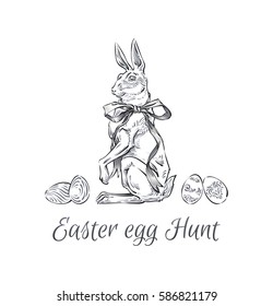 Easter egg hunt - rabbit with eggs and ribbon with patterns. monochrome isolated vector vintage for design of posters, postcards and invitations for the Easter hunt