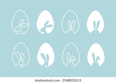 Easter egg hunt. Easter rabbit set. Bunny outline vector illustration. Bunny rabbit cut out on easter egg isolated.