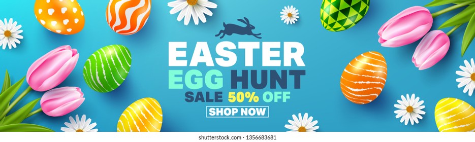 Easter Egg Hunt Sale 50% OFF Poster and template with colorful Easter Eggs and flower.Handwriting inscription Easter Day.Promotion and shopping template for Easter Day.Vector illustration EPS10