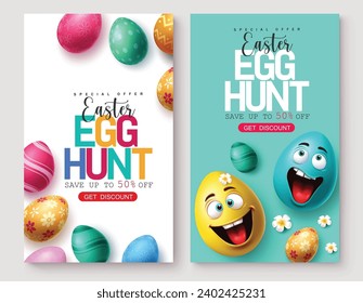 Easter egg hunt sale vector poster set. Easter egg hunt special offer discount text with colorful elements for holiday season promotion design. Vector illustration easter promo sale postcard 