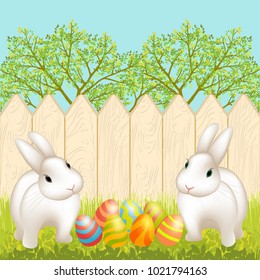 Easter egg hunt scene with two cute easter bunny and colored eggs on the grass, Garden landscape with wooden fence, green vernal trees. Vector illustration,