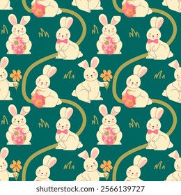 Easter egg hunt seamless pattern. Children vector background with cute Easter bunnies. Vector illustration