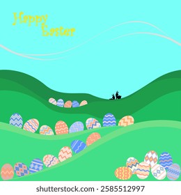 Easter Egg Hunt. Seamless pattern for Easter-themed materials. Easter eggs adorned with a variety of playful patterns, including a zigzag, swirls, polka dots and geometric shape.