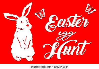 Easter egg hunt set  with butterfly and bunny. Laser cutting template. Easter vector silhouette elements. Spring collection of cut template. Isolated on red background.