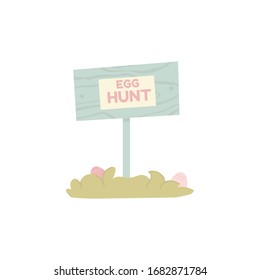 Ostereier-Jagdsignposten mit Text und versteckten Eiern auf Gras. Frühlingsfestivals Holzbrett mit Plakat. Vektorillustration, flache Illustration einzeln auf weißem Hintergrund. 