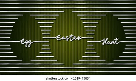 Easter Egg Hunt Silver Metallic Style Logo Lettering and Blank Eggs Shapes Horizontal Composition Made with Repeating Lines - Chrome on Green Striped Background - Vector Hand Drawn Design