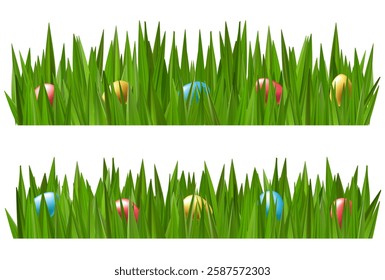 Easter egg hunt in spring grass field vector background. Gold colored chocolate candy gathered to basket. 3d render banner for poduim border. Meadow cartoon bright decoration card, cute bunny gifts