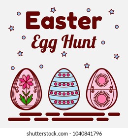 Easter egg hunt theme. Flat icons of three colored eggs. Can be used as a greeting card, invitation, banner. Vector illustration
