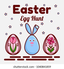 Easter egg hunt theme. A flat icon of a cute rabbit and two painted eggs with flowers. Can be used as a greeting card, invitation card, banner. Vector illustration.