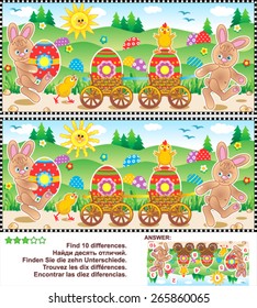 Easter egg hunt themed visual puzzle: Find the ten differences between the two pictures with bunnies, chicks, painted eggs (plus same task text in Russian, German, French, Spanish). Answer included.
