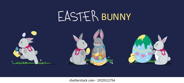 Easter Egg Hunt, a traditional American game. The rabbit runs with a basket of eggs.