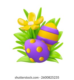 Easter egg hunt vector 3d icon. Cartoon eggs with dots and stripes in green grass with daisy flower and leaves. Cute Easter holiday illustration