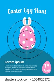 Easter egg hunt vector advertisement poster. Sight on the target Easter egg with bunny ears