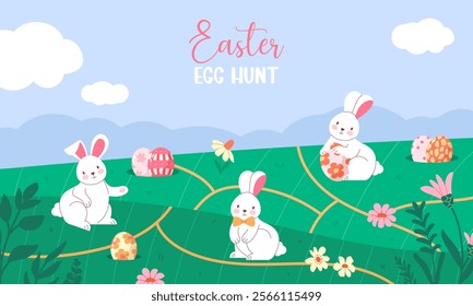 Easter Egg Hunt. Vector banner with cute bunnies on a green field. Cute child vector background hand drawn backgrounds. Vector illustration