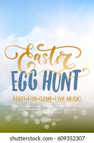 Easter Egg Hunt, vector Easter celebration poster template with transparency and gradient mesh. Vector illustration.