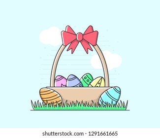 Easter egg hunt vector illustration. Easter basket with colorful eggs on the grass. Flat line art easter concept. EPS 10