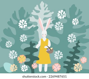 Easter egg hunt. Vector illustration of an Easter bunny and eggs. Spring background, trees, flowers.