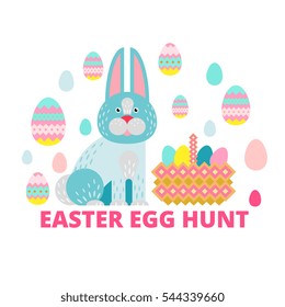Easter Egg Hunt vector illustration in flat style with bunny and basket - isolated elements for your design, for card, flyer, invitation, label, banner. 