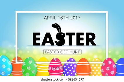 Easter Egg Hunt Vector Illustration. Colorful Holiday Banner Design With Eggs. 