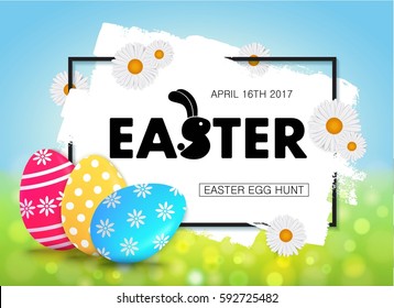 Easter Egg Hunt Vector Illustration. Colorful Holiday Banner Design With Eggs. 