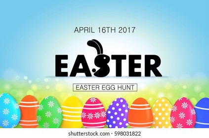 Easter egg hunt vector illustration. Colorful holiday banner design with eggs. 