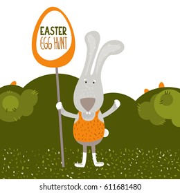 Easter egg hunt. Vector illustration, little rabbit with invitation, green bushes and grass, hide and seek.
