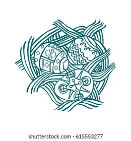 Easter egg hunt. Vector illustration, sketch, hand drawn eggs laid on grass, hide and seek.